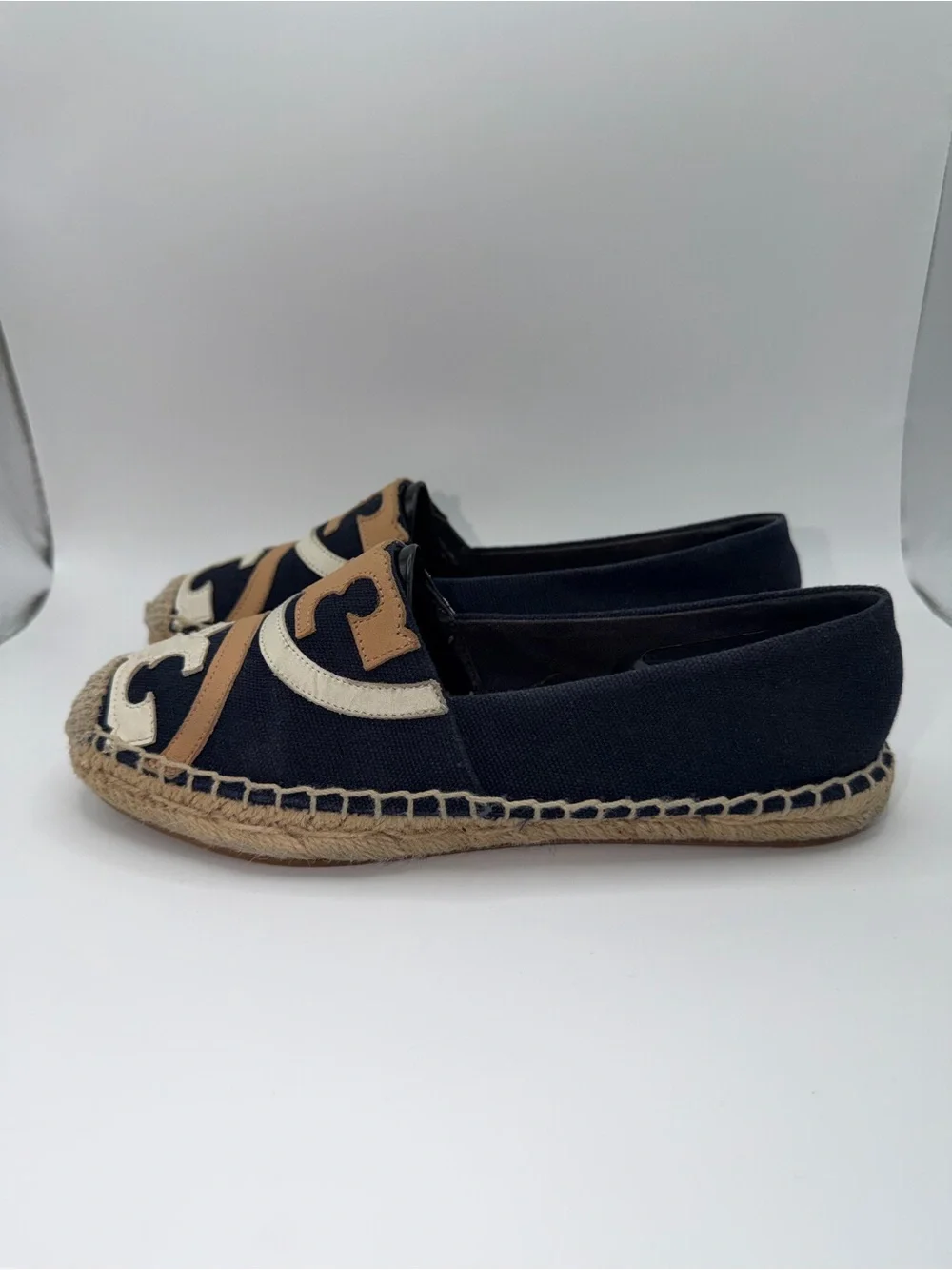 Tony Burch Navy Canvas Espadrilles with Tan & Cream Logo
